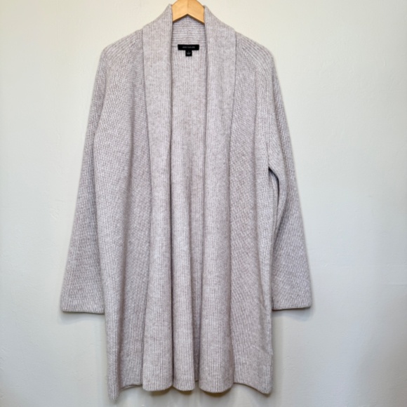 Ann Taylor | Shawl Collar Coatigan Open Front Oatmeal Knit Relaxed Cardigan - Picture 4 of 15